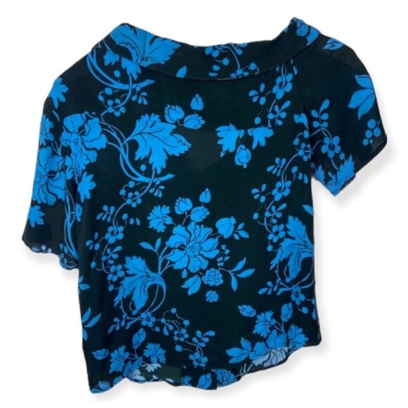 ALC 100% Silk Josephine Blue Floral Print Short Sleeve Top Size‎ 2 Off Shoulder - Picture 5 of 10